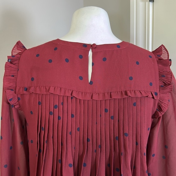 Sezane Eve Dress Plum Navy Blue Polka Dots Pleated Ruffles Long Sleeve 34 US 2 - Picture 10 of 15